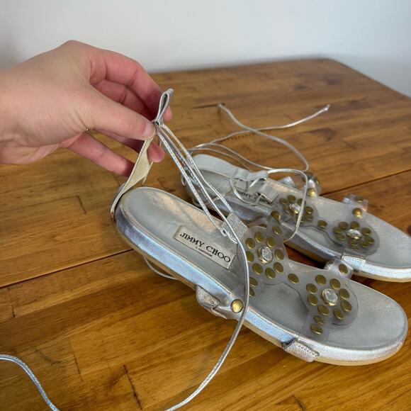 Jimmy Choo Silver Leather Jeweled Gladiator Wrap Around Flat Sandals Size 37 - Picture 2 of 4